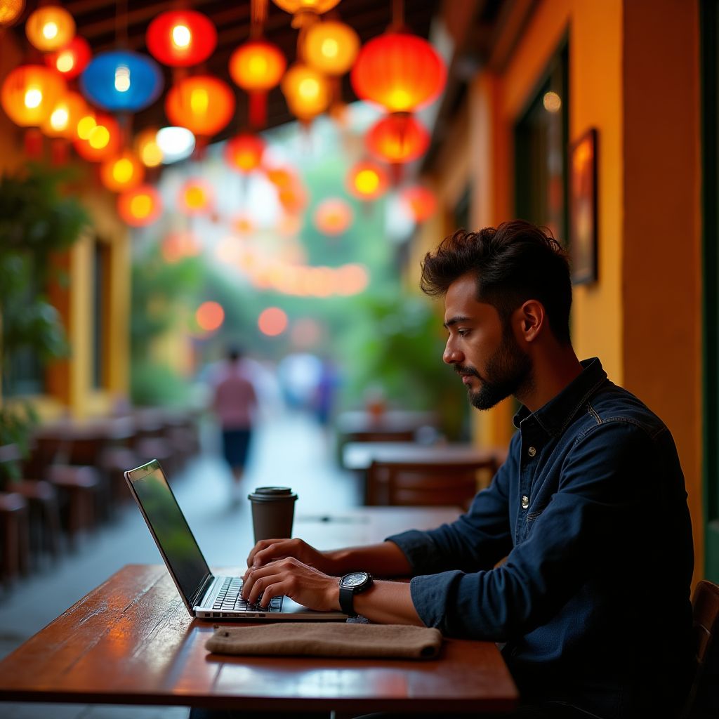 A person working on a laptop in a cafe in Hoi An, Vietnam
